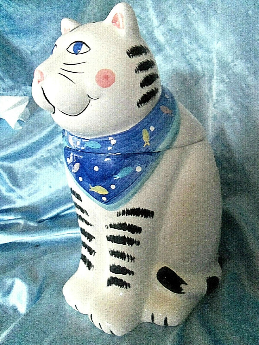 COCO DOWLEY Ceramic White w/Black Stripes Cat Cookie Jar | eBay