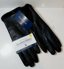 NWT Charter Club M Black Leather Touch Screen Technology Fiber Fur Winter Gloves