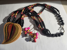 Boho Multicolor Wood Bead Statement Necklace  Dangle Earrings Set Artisan