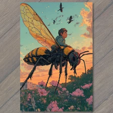 Art Print Boy Riding Robotic Bee Flower Field Futuristic Sunset Adventure Art