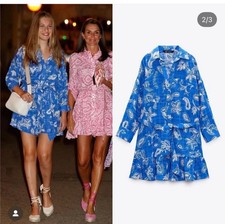 ZARA BNWT BLUE WHITE SHORT SHIRT DRESS SIZE MEDIUM PAISLEY PRINT BELTED 0387/153