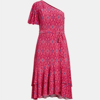 Ralph Lauren Pink Fuchsia Geo-Print Jersey One-Shoulder Dress Women Size 18W NWT