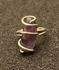 Vintage Wire Wrapped Amethyst Gemstone Ring Silver Tone Handmade size 5