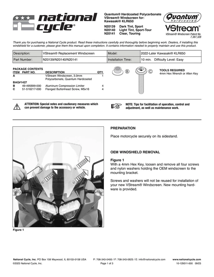 Parabrisas alto transparente VStream National Cycle N20141 para 22-24 KLR650 Foto 2 de 4