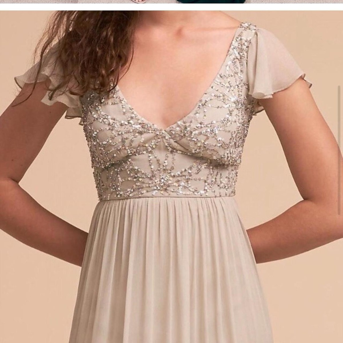 BHLDN Daphne Grey Sequin Gown Plunge Dress Size US EU38