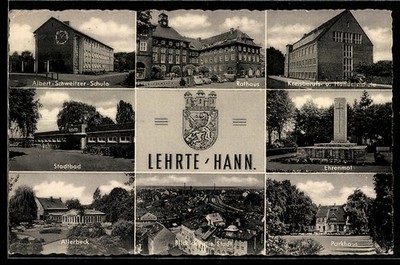AK Lehrte /Hann., Rathaus, Albert-Schweitzer-Schule, Stadtbad, Allerbeck, Wappe 