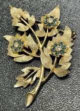 Vintage 2 Blue Crystal Rhinestone Flower Gold Tone Leaf Brooch Pin