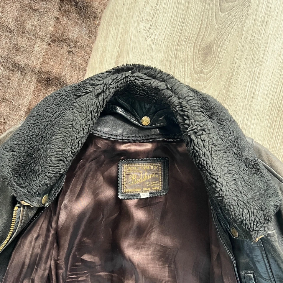 Vintage Redskins Type B-32 Leather Bomber Jacket Black Shearling Collar XXL - Image 2 of 4