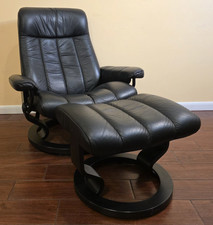 Ekornes Stressless Large "King Plus" Black Leather Swivel Recliner and Ottoman