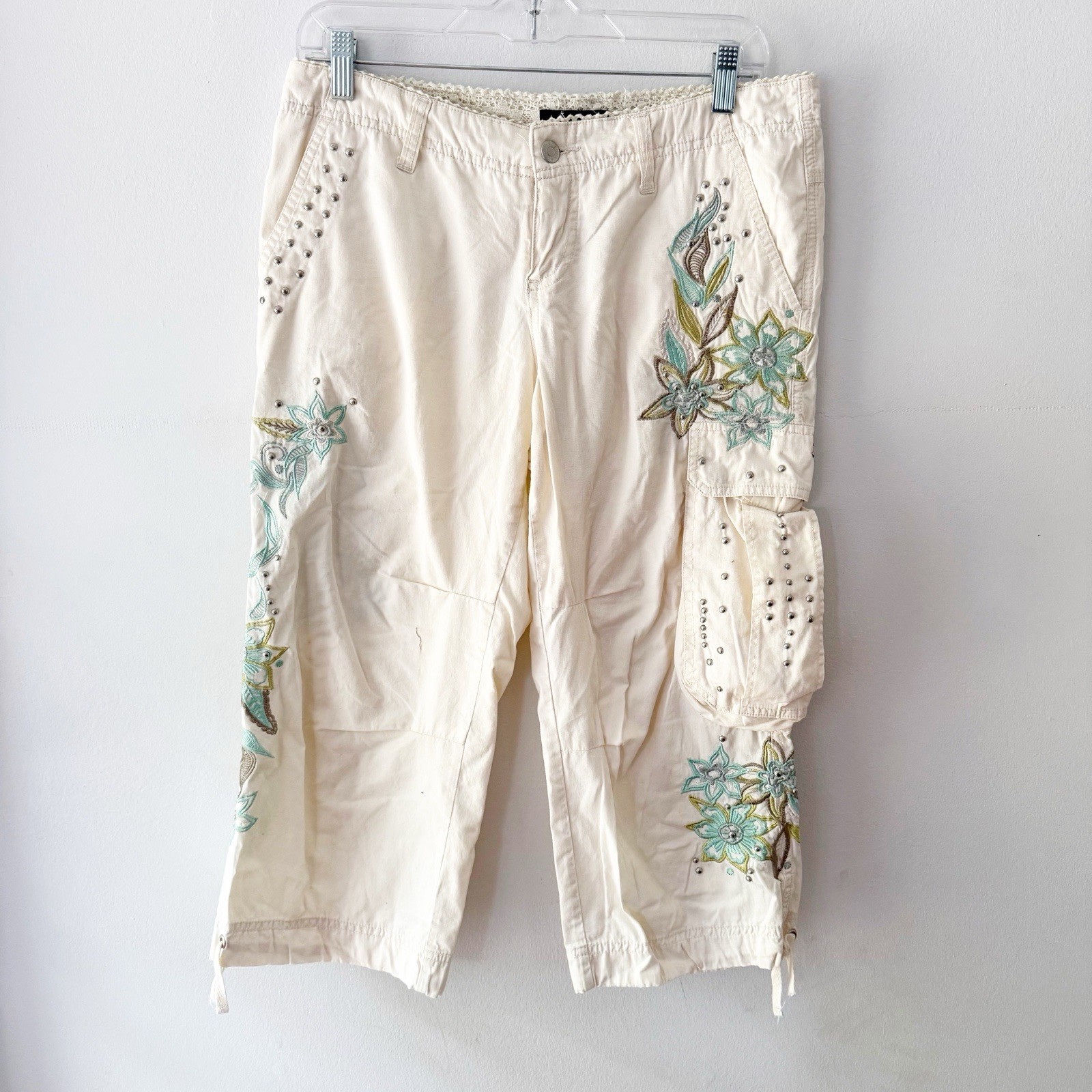 Vintage Women Y2K 100% Cotton Floral Embroidered Low Rise Pants Size 10 Grunge