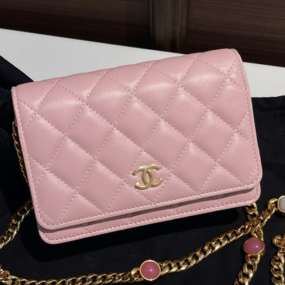 Chanel Quilted Pink Gold WOC Chain Shoulder Crossbody Bag