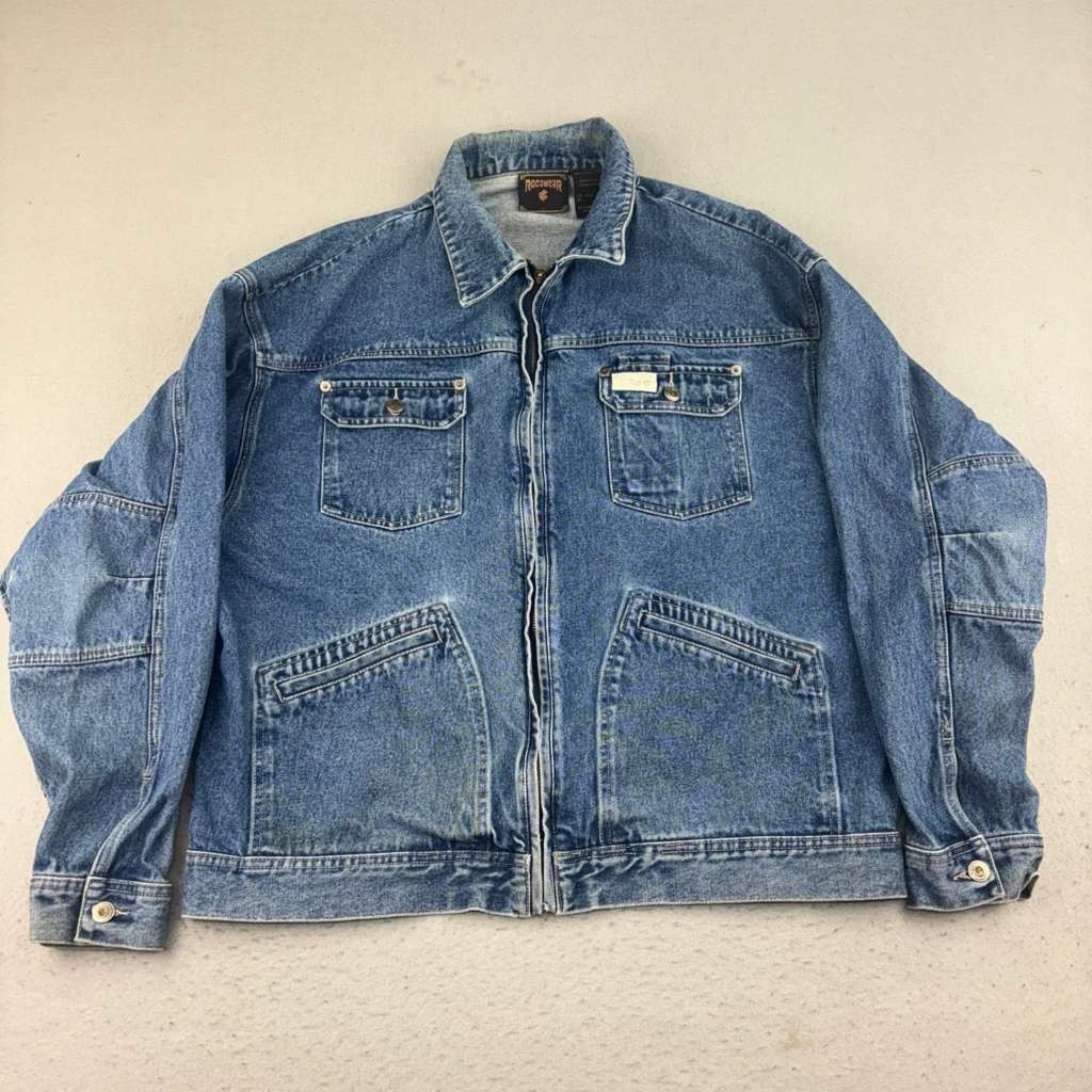 VTG Rocawear Jacket Mens XL Blue Denim Full Zip Long Sleeves
