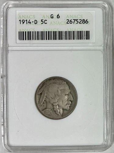 1914-D Buffalo Nickel, ANACS G-6 Soapbox, Scarce Date!