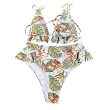 Sporlike Bikini Set Womens S Blue Tropical Floral Excellent Ruffle High Waist
