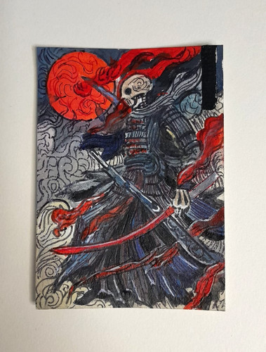 ACEO OOAK Original Acrylic Painting Skeleton Samurai Dark Fantasy Japanese Art