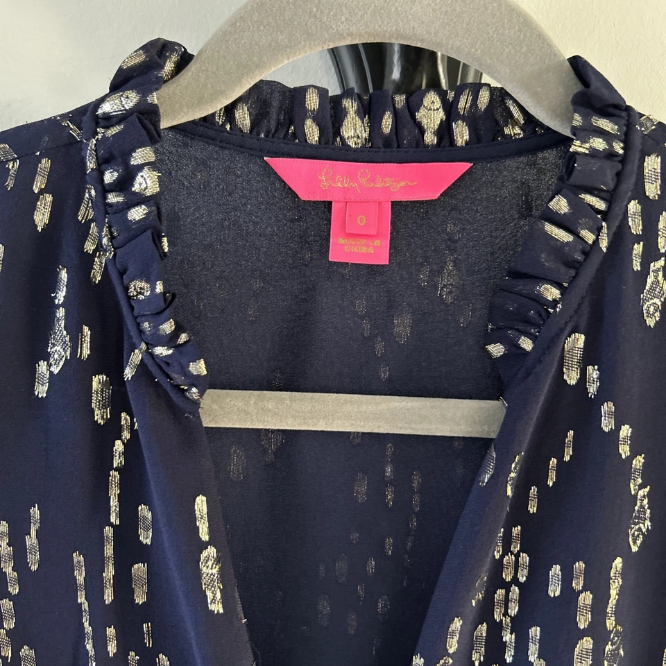 LILLY PULITZER Women's Silk Navy Gold Long Sleeve Colby Top- Size XS/0 - Image 2 of 4