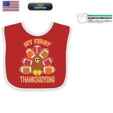 inktastic My First Thanksgiving with Football Turkey Baby Bib Red and White
