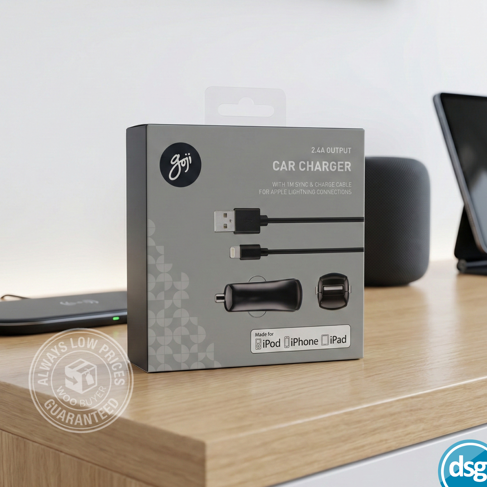 Goji Car Charger for Apple Lightning Cable Lead & Adapter MFi-Certified 1M Black