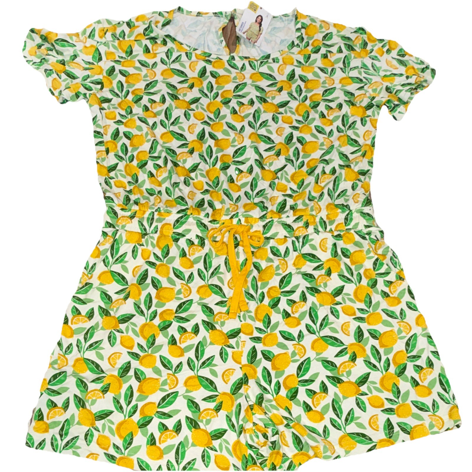 Serra ALDI Alex's Lemonade Stand Knit Romper Womens Size M Yellow Fruit Pockets