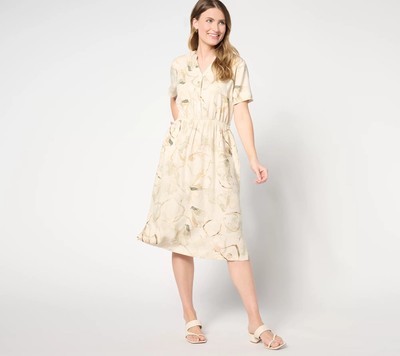 Denim & Co. Naturals Petite Printed Short Sleeve Dress Stone Khaki XS New