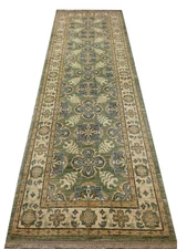 3x10 Natural Wool Handmade Runner GREEN Ivory Blue #PIX-26782