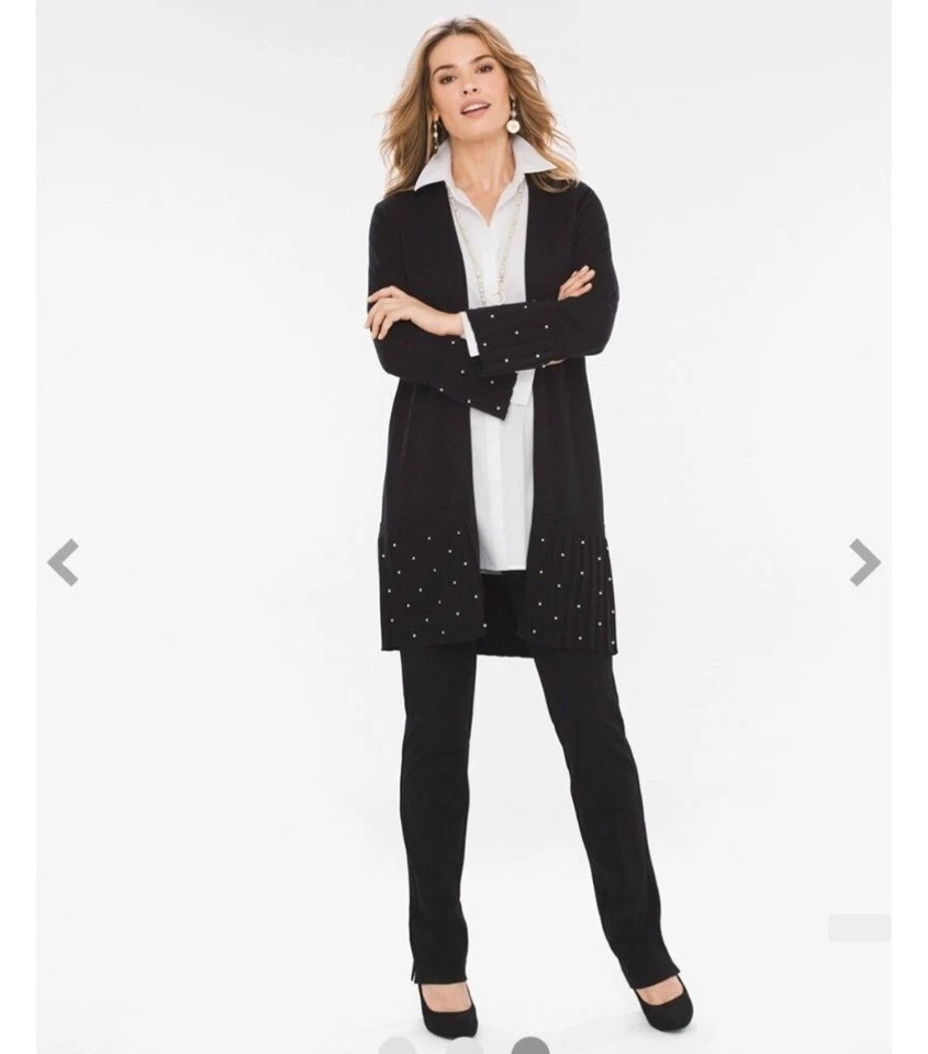 Cárdigan Chicos Plisado Imitación Perla Acento Elegante Largo Abierto Talla Grande Evento Negro Foto 2 de 4