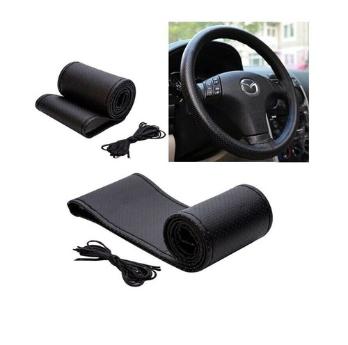 Black DIY Pu Leather Car Perforated Steering Wheel Cover With Needle & Thread - Picture 4 of 7