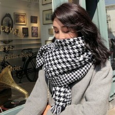 Women Houndstooth Scarf Shawl Wrap Faux Wool Black White Check Plaid Tassel