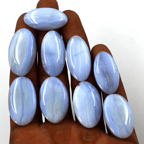 9 Pcs Natural Blue Chalcedony Top Grade 28mm-32mm Oval Cabochon Loose Gemstones - Picture 3 of 13