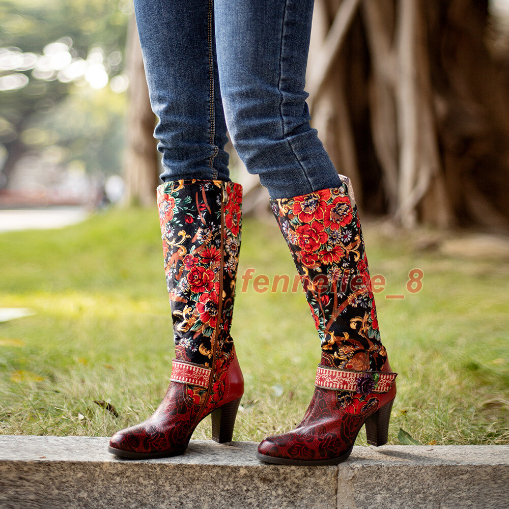 Womens Real Leather Knee High Boots Retro Floral Print Ethnic Mid Heels Zip  Boot - Main Image