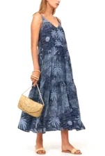 H&M x DESMOND & DEMPSEY Maxi Dress Sz XXL Blue Tropical Print Tiered