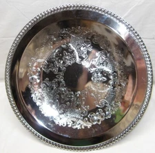 VINTAGE 15" ROUND SHELTON WARE SILVERPLATE TRAY W/ ORNATE ETCHED DESIGN