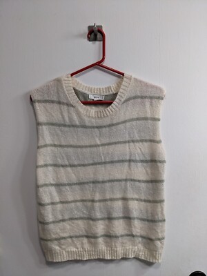 MINE Women's Size Large White and Gray Striped Sleeveless Pullover Sweater