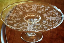 Vintage Viking PRELUDE Needle Etched Glass CAKE STAND PLATTER w RUM WELL 11.25"