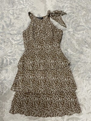 ebay silk scarf dress ELLEN TRACY 100% SILK TIERED KNEE LENGTH SCARF DRESS BROWN WHITE SZ 4