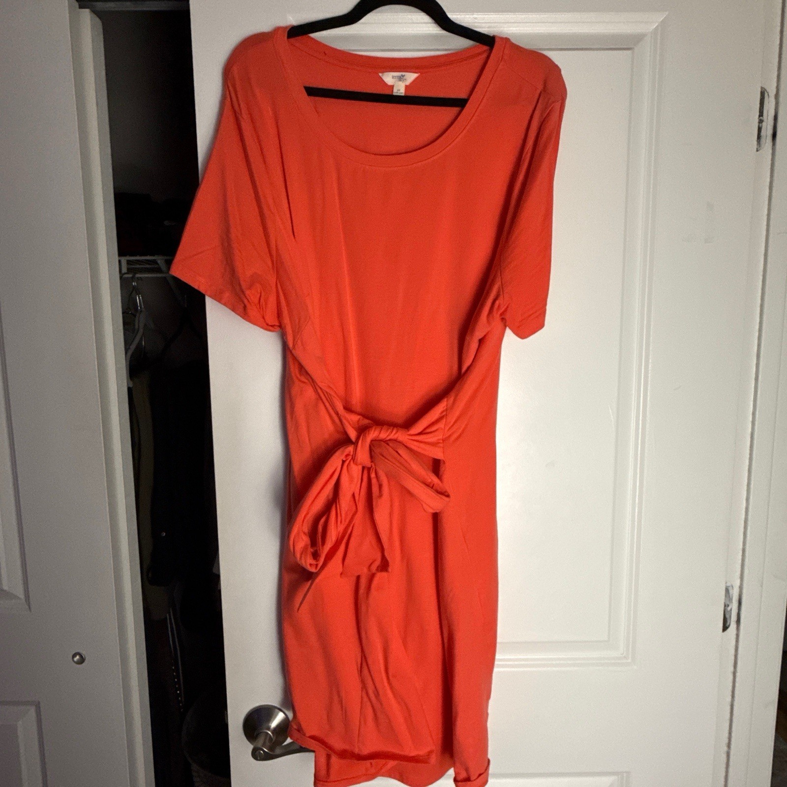 Orange Solid Knit T-Shirt Dress Scoop Neck Short Sleeve Tie XXL