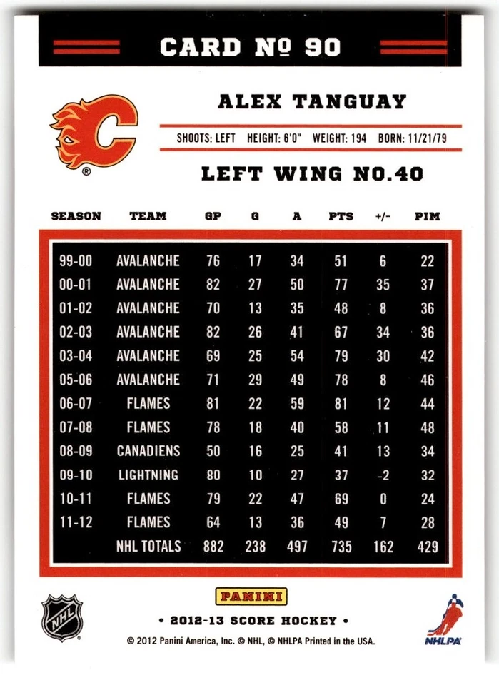 Alex Tanguay 2012-13 Score Gold Rush #90 Calgary Flames - Image 2 of 2