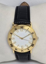 Unisex Roman Numerals Round White Dial Gold Tone Black Leather Strap Watch 05