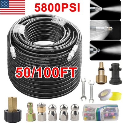 100FT Sewer Jetter Nozzles Kit Drain Cleaning Hose for Pressure Washer 5800PSI