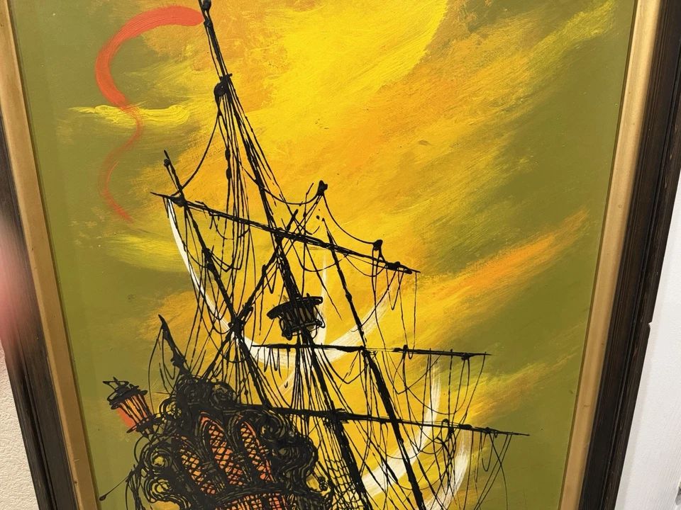 Vintage Mid Century Pirate Ship Oil Painting On Board Signed CORSA 54" x 30” - Image 3 of 4