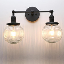 Industrial Double Wall Sconce with Ribbed Glass Shade and Switch - Black