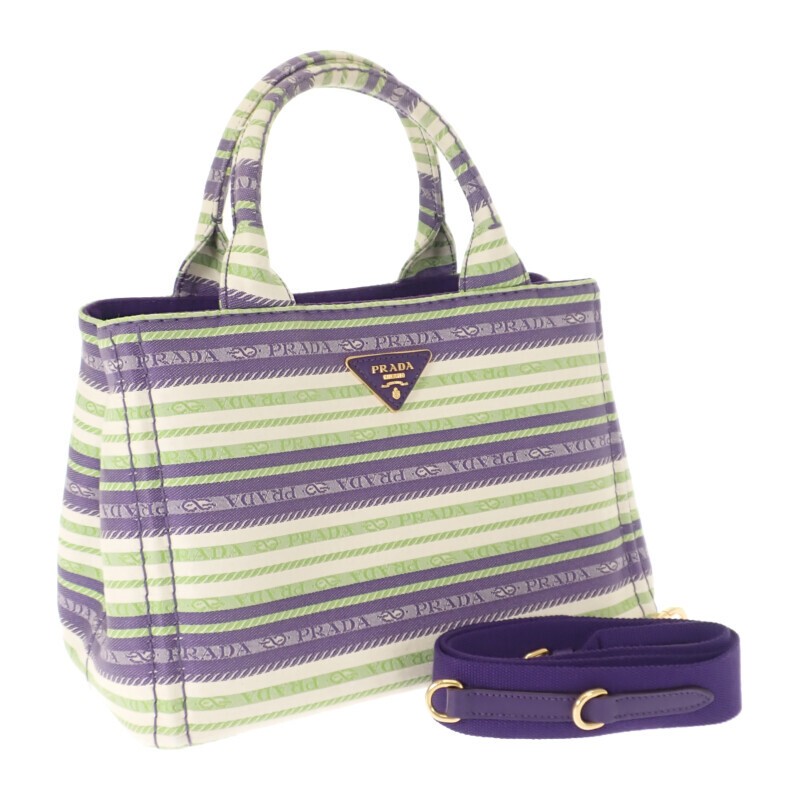 PRADA Canapa Tote Border 1BG439 2WAY Shoulder Bag Canvas Purple Green Ladies Use
