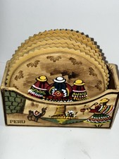 Peruvian Hand Painted Leather Coaster Set Round Brown Multicolor 6 w/ Holder