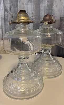 Pair Antique Clear Glass Kerosene Oil Lamps Octagon Font P&A Eagle Burner Base