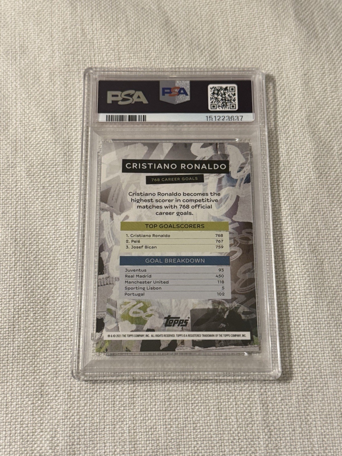 2021 Topps Now UCL Cristiano Ronaldo 768 Career Goals PSA 10 Gem M view 2