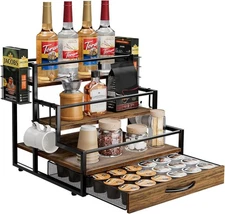 Countertop Coffee Syrup Rack Organizer, 4-Tier Wooden Holder Stand with 36 K Cup
