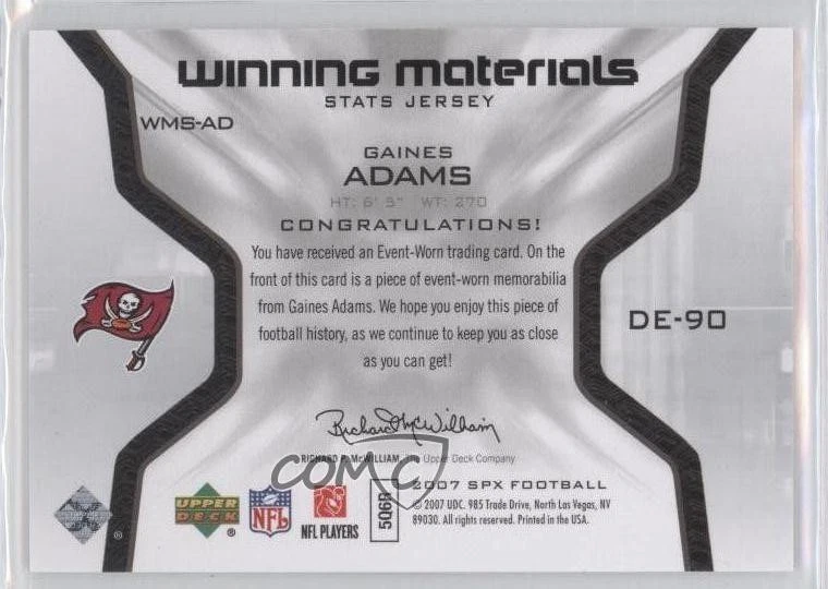 2007 SPx Winning Materials Stats Gaines Adams #WMS-AD Rookie RC - Image 2 of 2