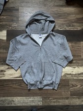 Vintage 1990s Russel USA L Heather Grey Blank Ful Zip Hoodie Pockets Cut Sleeve