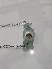   Artisan Sea Glass Station Necklace Light Green Oval Ring Dark Silver Chain 32"