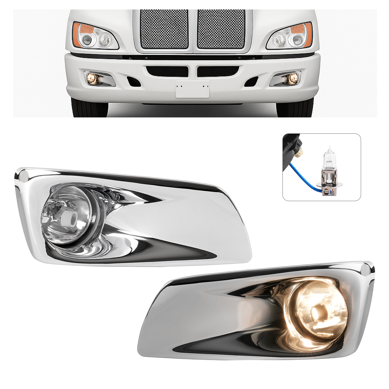 Pair Fog Lights W/Chrome Fog Lamp Bezel Cover For Kenworth T660 2008-2015 LH&RH
